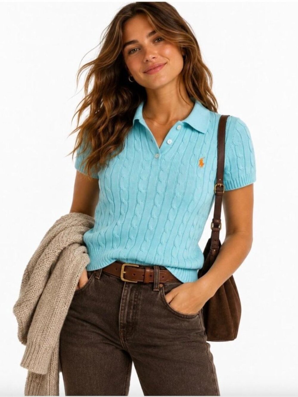 Ralph Lauren Light Blue Cable-Knit Polo V-Neck Sweater